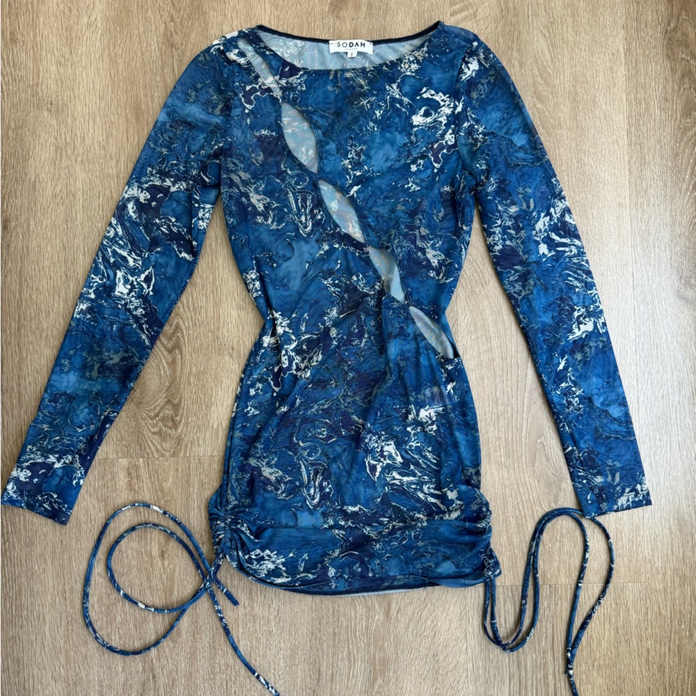 Blue Marble Long Sleeve see through Dress